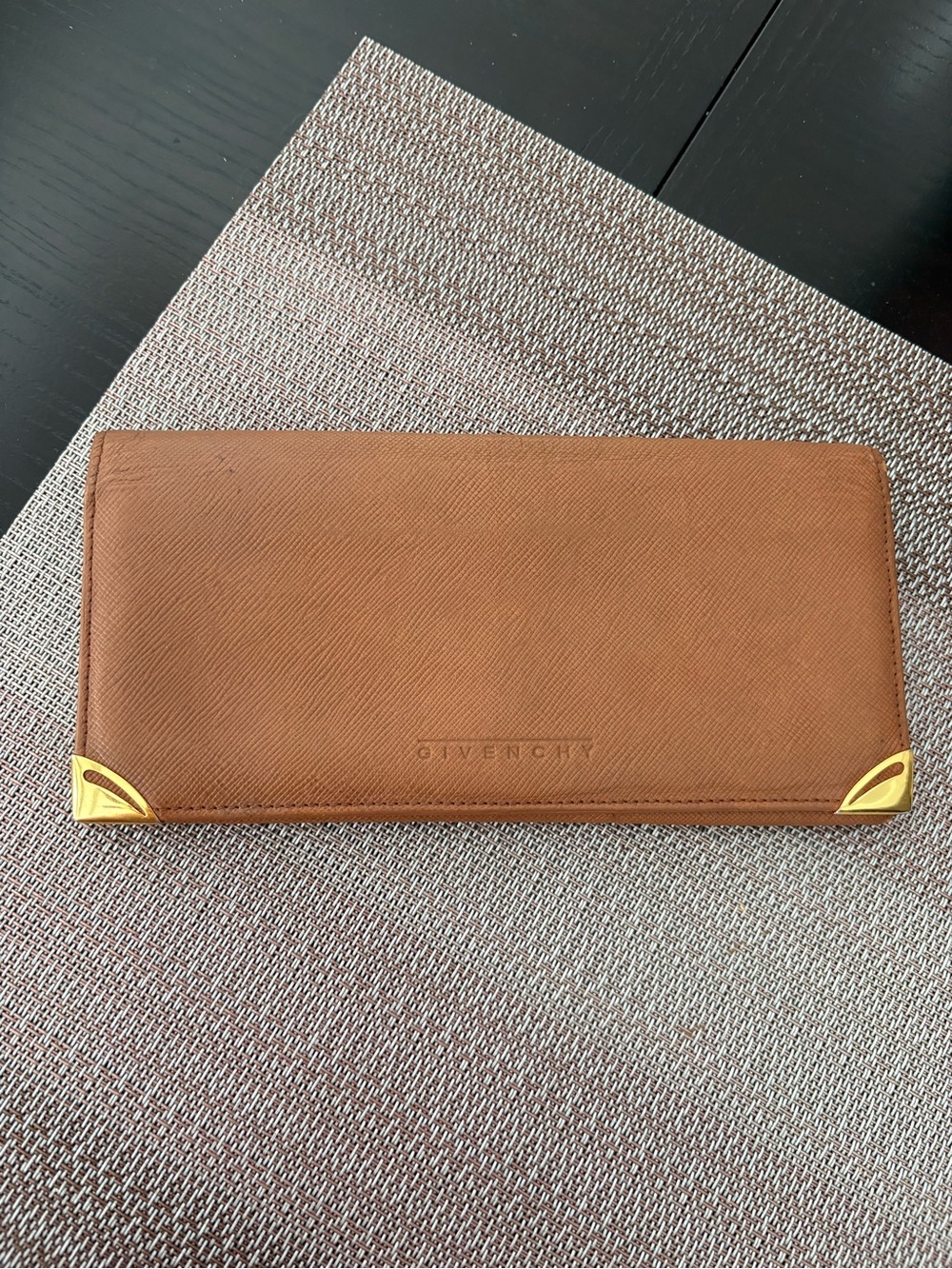 Vintage GIVENCHY Cognac Tan Leather Long Bifold Wallet - Gold Corner Accents
